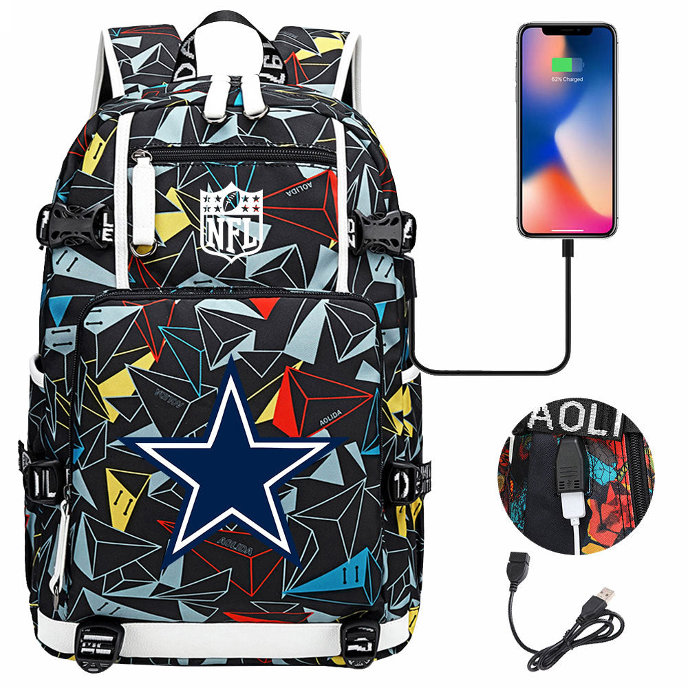 Dallas Cowboys Football Team USB Charging Backpack School Notebook Travel Bags