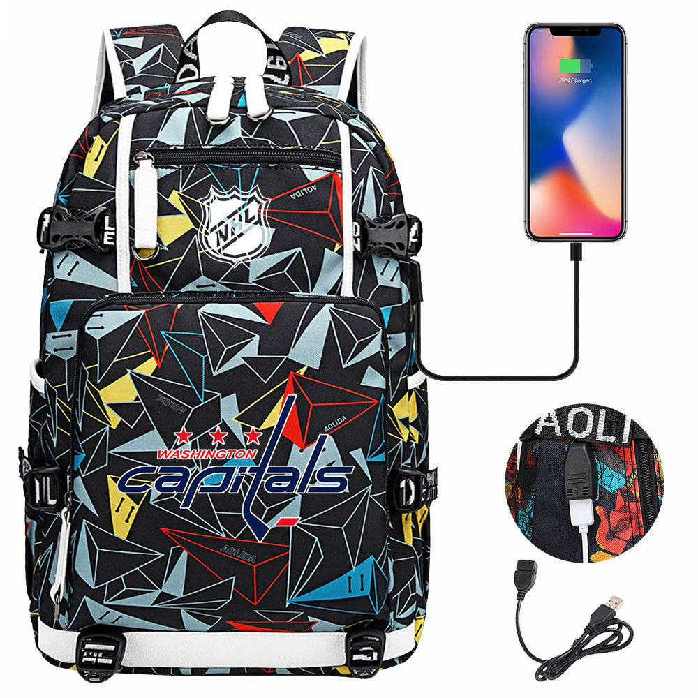 Washington Capitals Hockey League USB Charging Backpack School Notebook Travel Bags