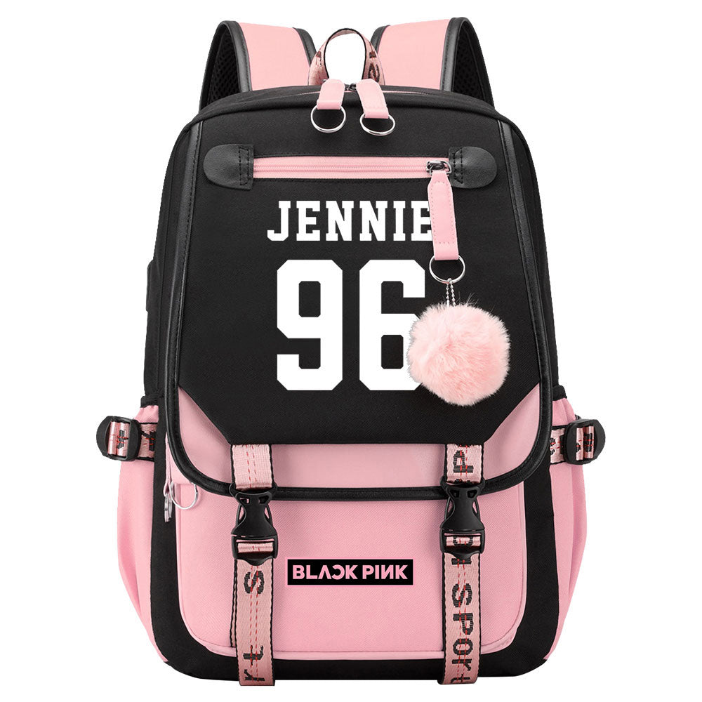 Kpop Blackpink JENNIE Waterproof Backpack School Notebook Travel Bag USB Charging