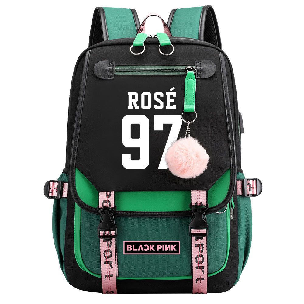 Kpop Blackpink ROSE Waterproof Backpack School Notebook Travel Bag USB Charging