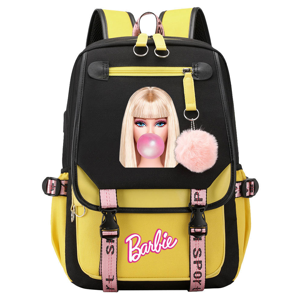 Pink Barbie  Waterproof Backpack School Notebook Travel Bags USB Charging