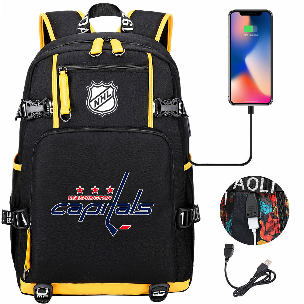 Washington Capitals Hockey League USB Charging Backpack School Notebook Travel Bags