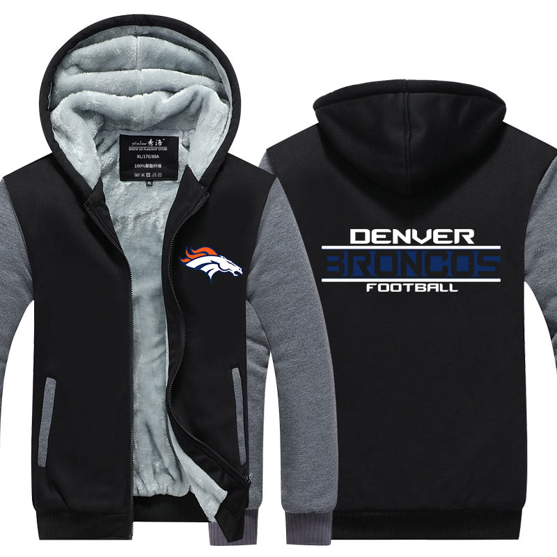 Denver Football Team Broncos Unisex Lined Hoodie Fleece Sweatshirt Full Zipper Hooded Thicken Jacket