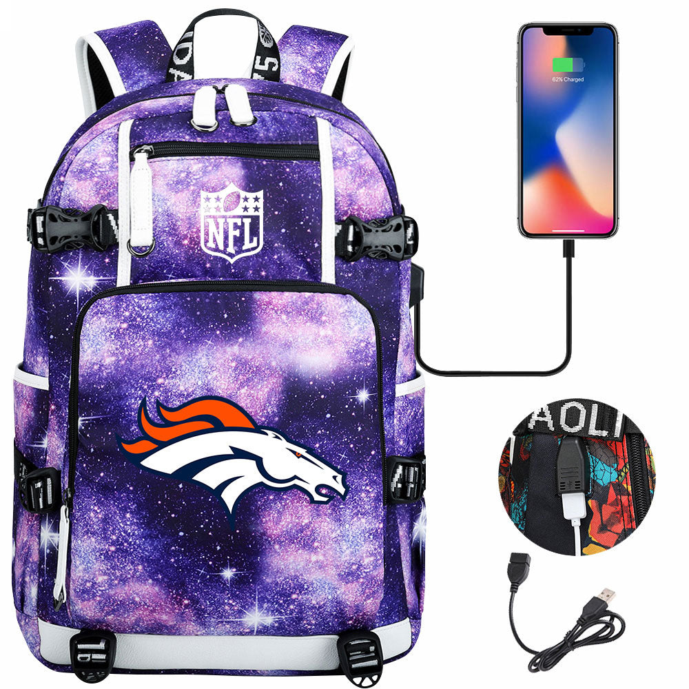 Denver Broncos Football Team USB Charging Backpack School Notebook Travel Bags