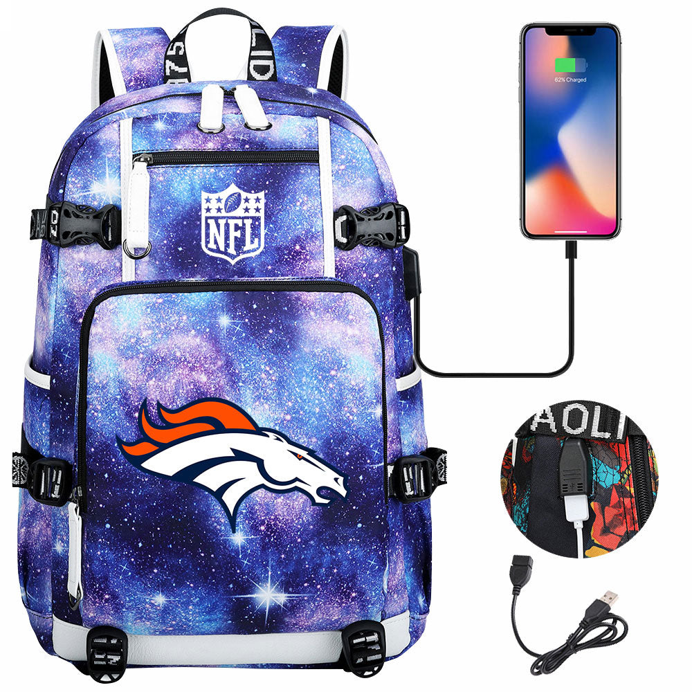 Denver Broncos Football Team USB Charging Backpack School Notebook Travel Bags