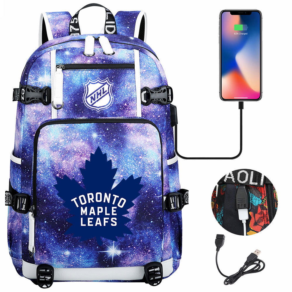 Toronto Maple Leafs Hockey League USB Charging Backpack School Notebook Travel Bags