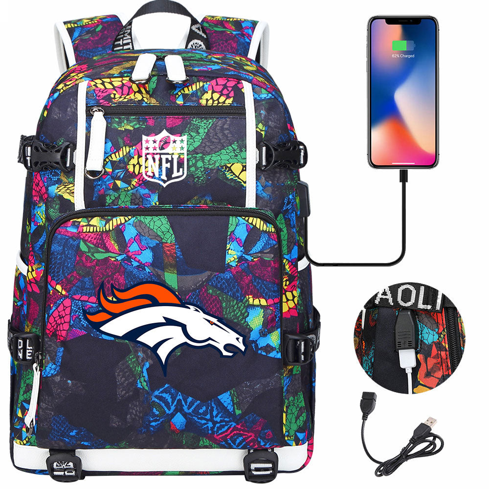 Denver Broncos Football Team USB Charging Backpack School Notebook Travel Bags