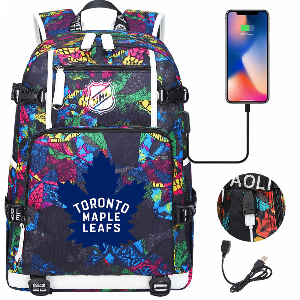 Toronto Maple Leafs Hockey League USB Charging Backpack School Notebook Travel Bags