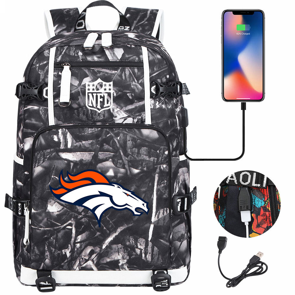 Denver Broncos Football Team USB Charging Backpack School Notebook Travel Bags