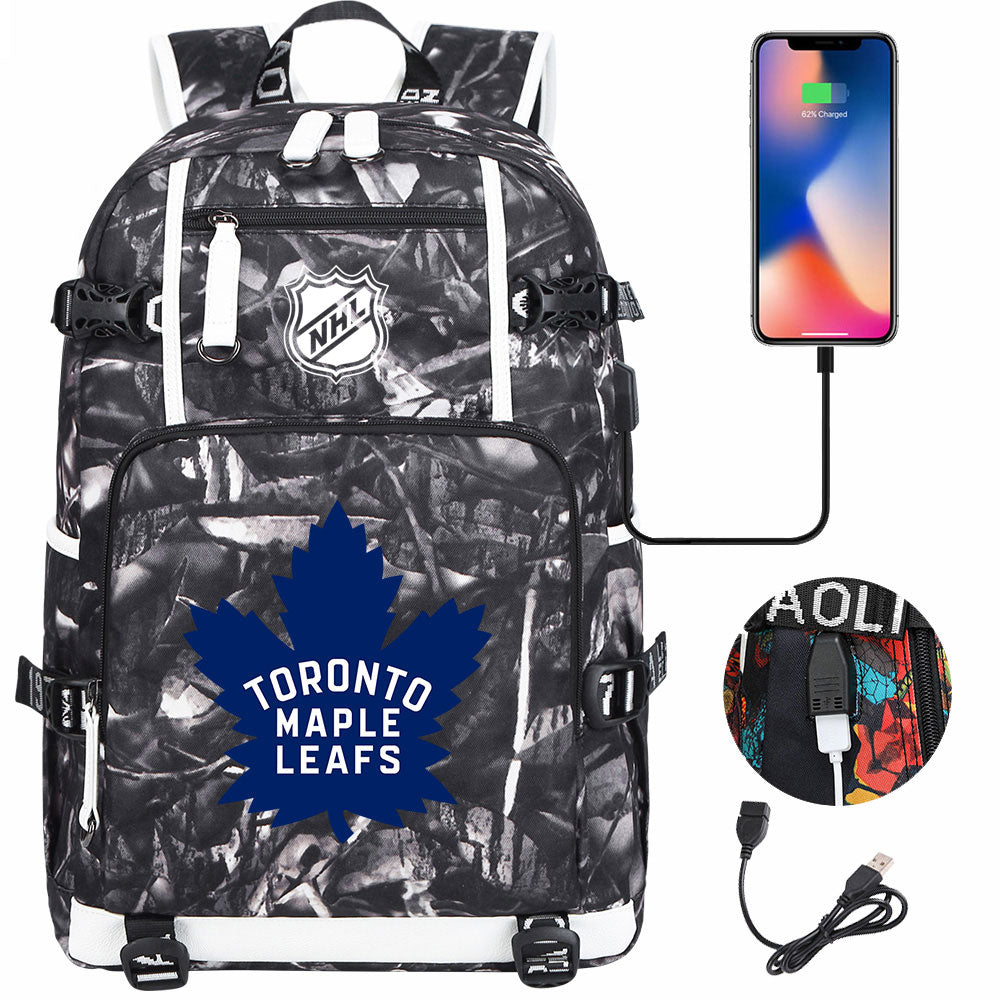 Toronto Maple Leafs Hockey League USB Charging Backpack School Notebook Travel Bags