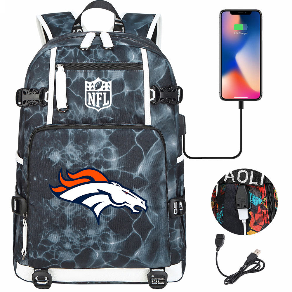 Denver Broncos Football Team USB Charging Backpack School Notebook Travel Bags