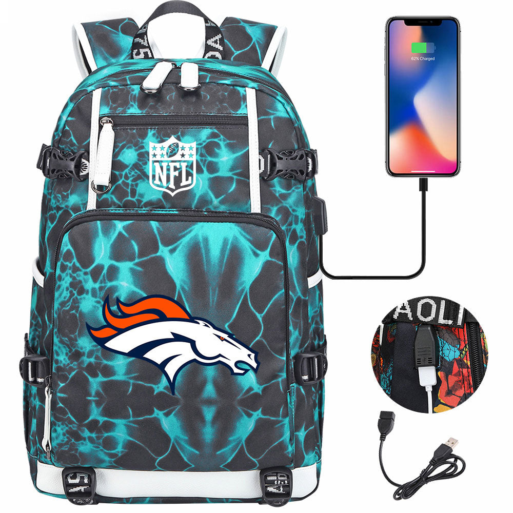 Denver Broncos Football Team USB Charging Backpack School Notebook Travel Bags