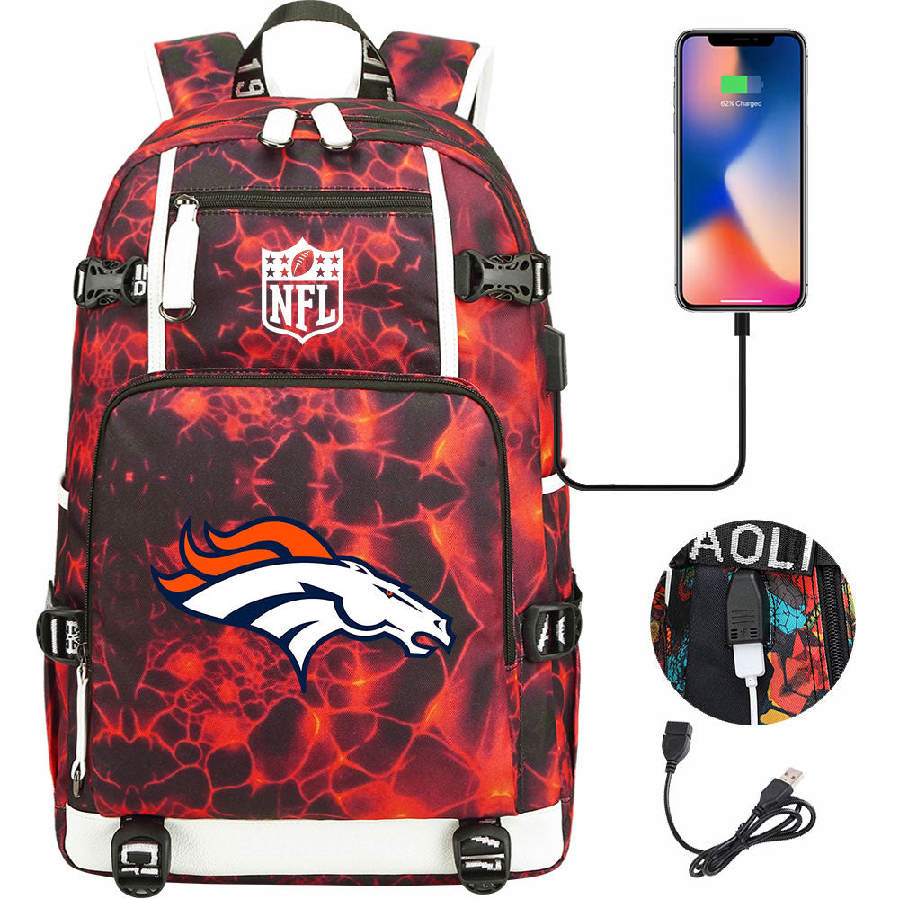 Denver Broncos Football Team USB Charging Backpack School Notebook Travel Bags