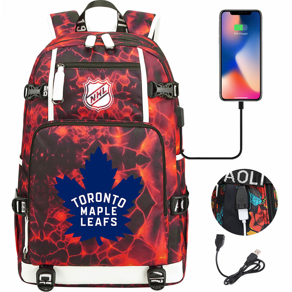 Toronto Maple Leafs Hockey League USB Charging Backpack School Notebook Travel Bags