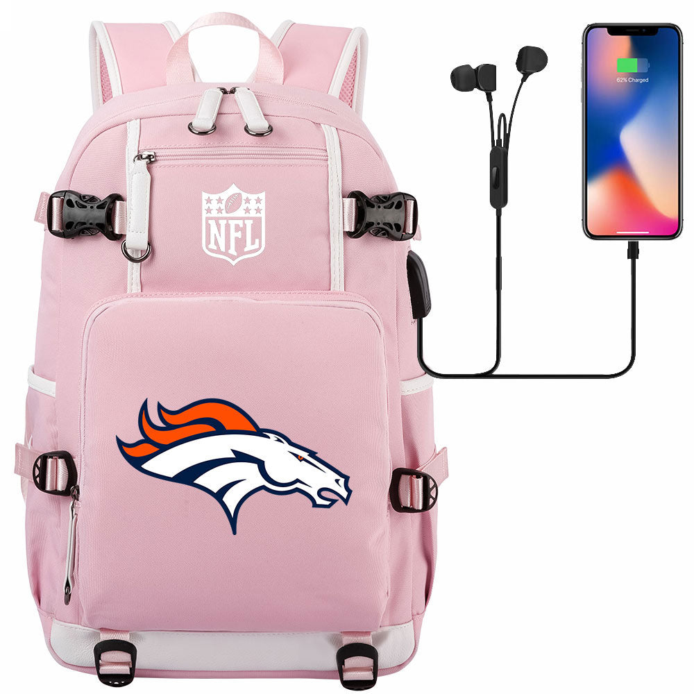 Denver Broncos Football Team USB Charging Backpack School Notebook Travel Bags