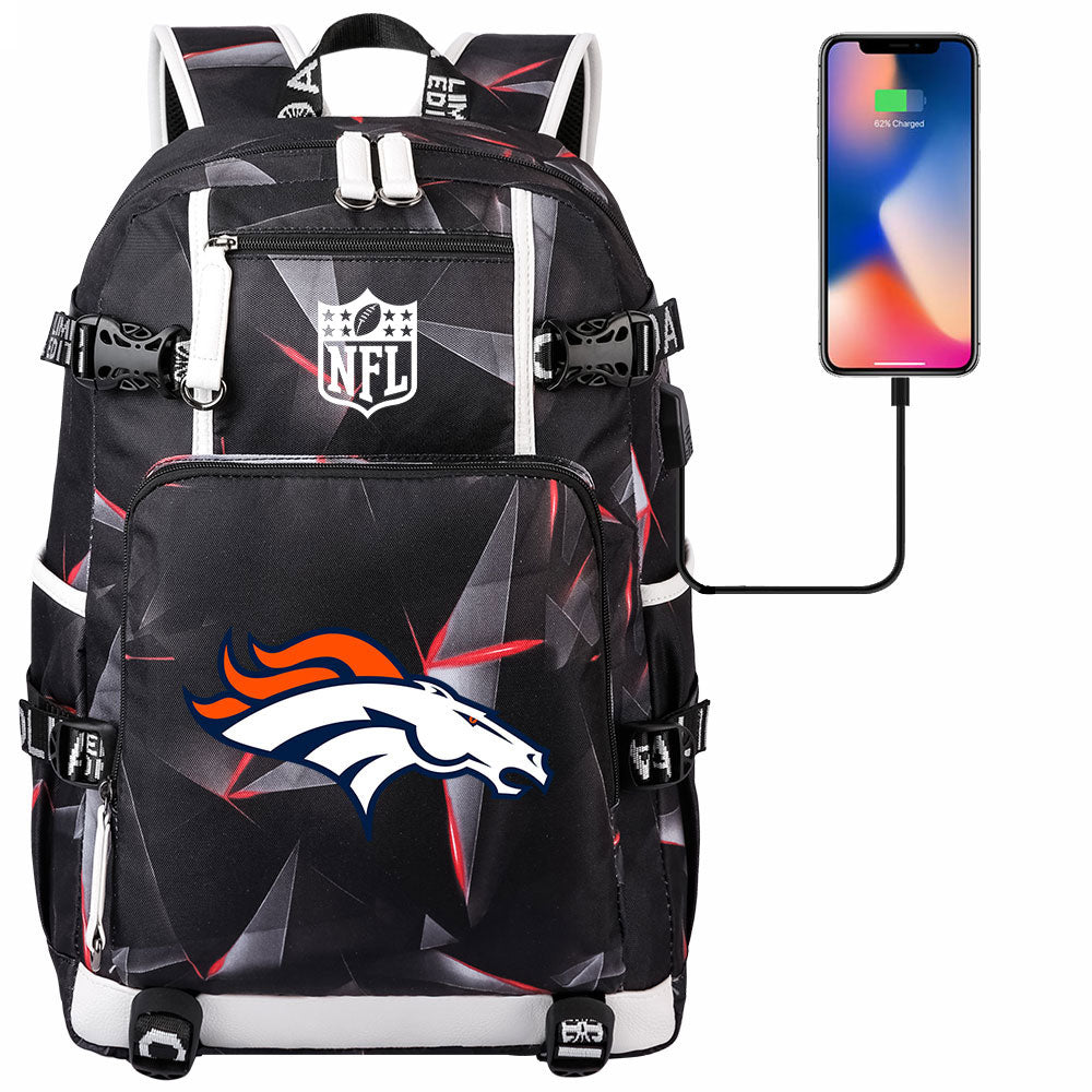 Denver Broncos Football Team USB Charging Backpack School Notebook Travel Bags