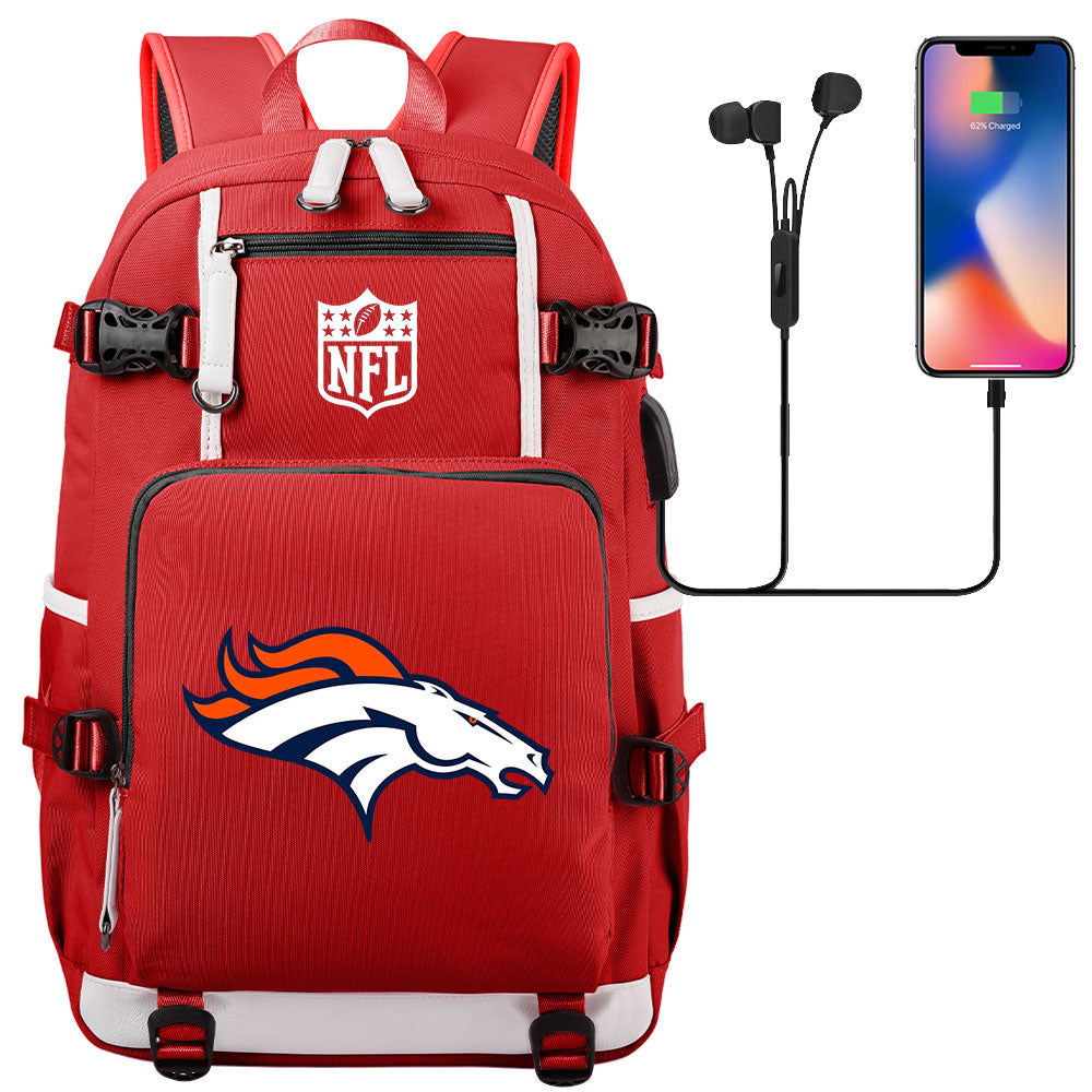 Denver Broncos Football Team USB Charging Backpack School Notebook Travel Bags