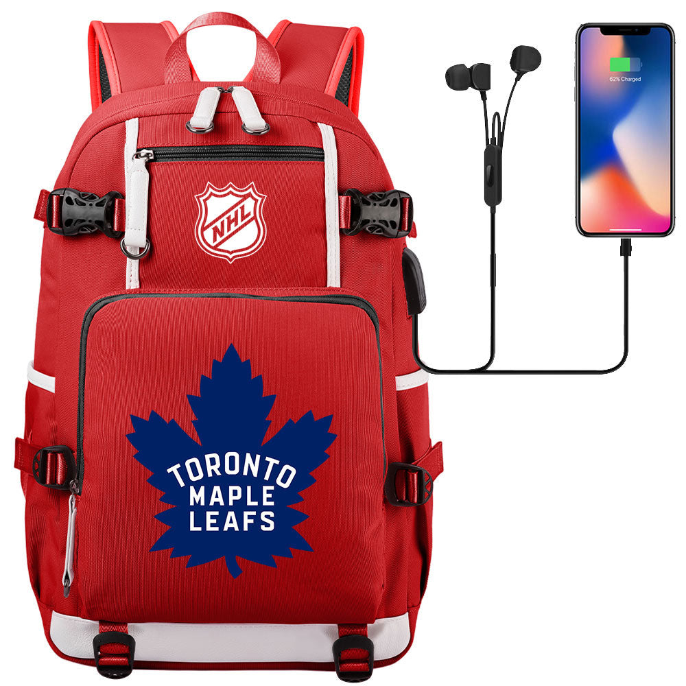 Toronto Maple Leafs Hockey League USB Charging Backpack School Notebook Travel Bags