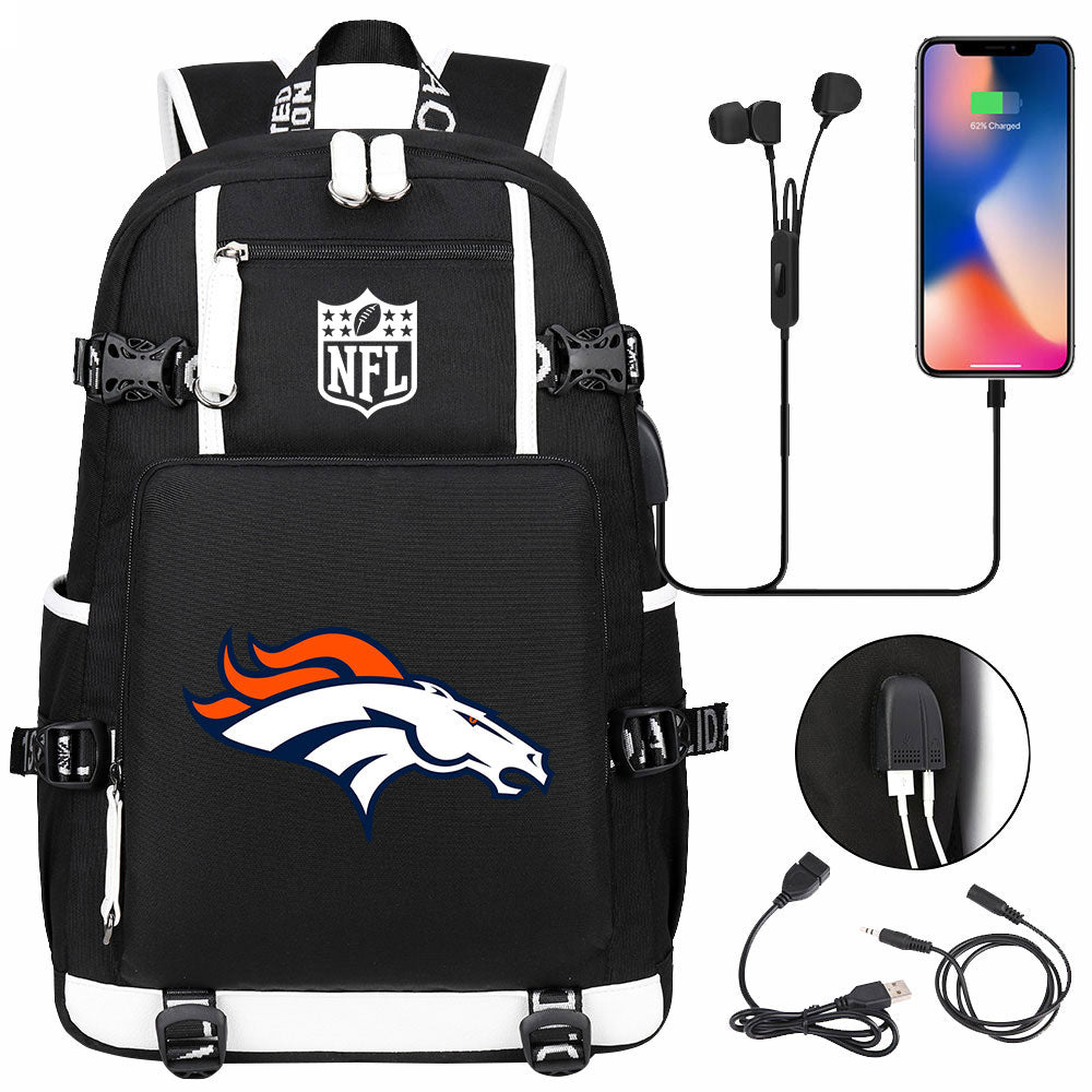 Denver Broncos Football Team USB Charging Backpack School Notebook Travel Bags