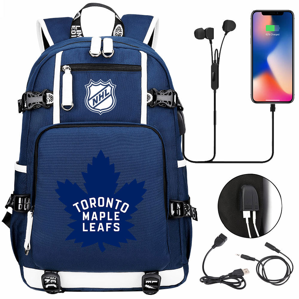 Toronto Maple Leafs Hockey League USB Charging Backpack School Notebook Travel Bags