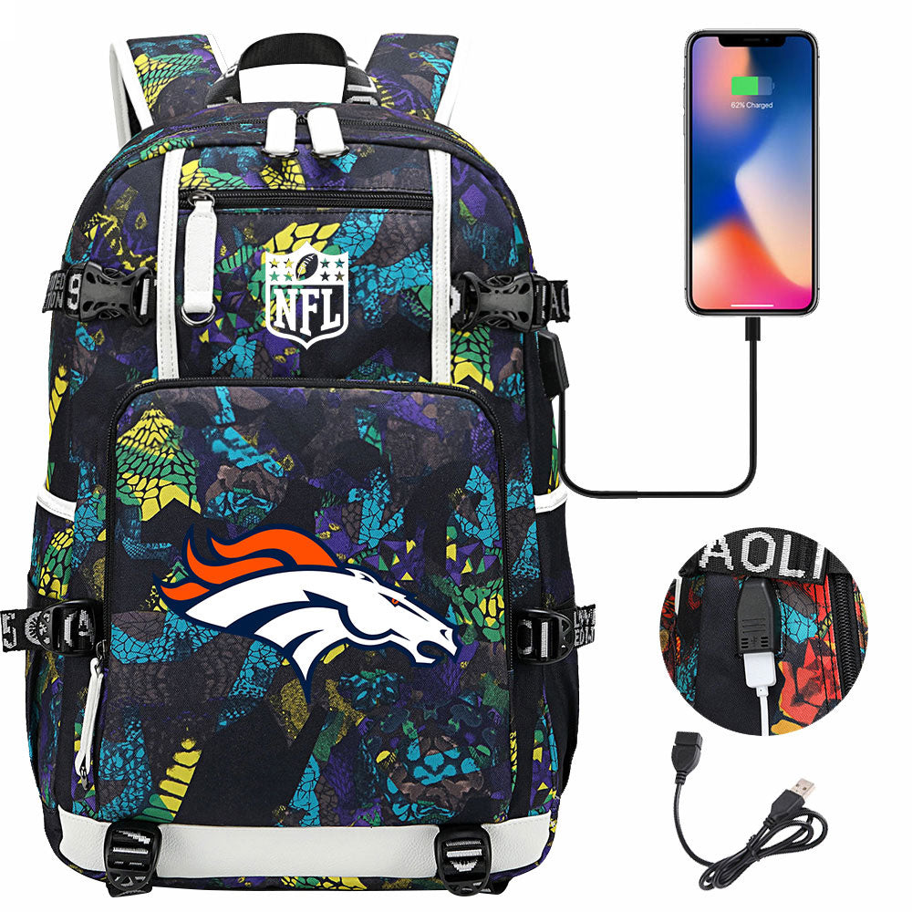 Denver Broncos Football Team USB Charging Backpack School Notebook Travel Bags