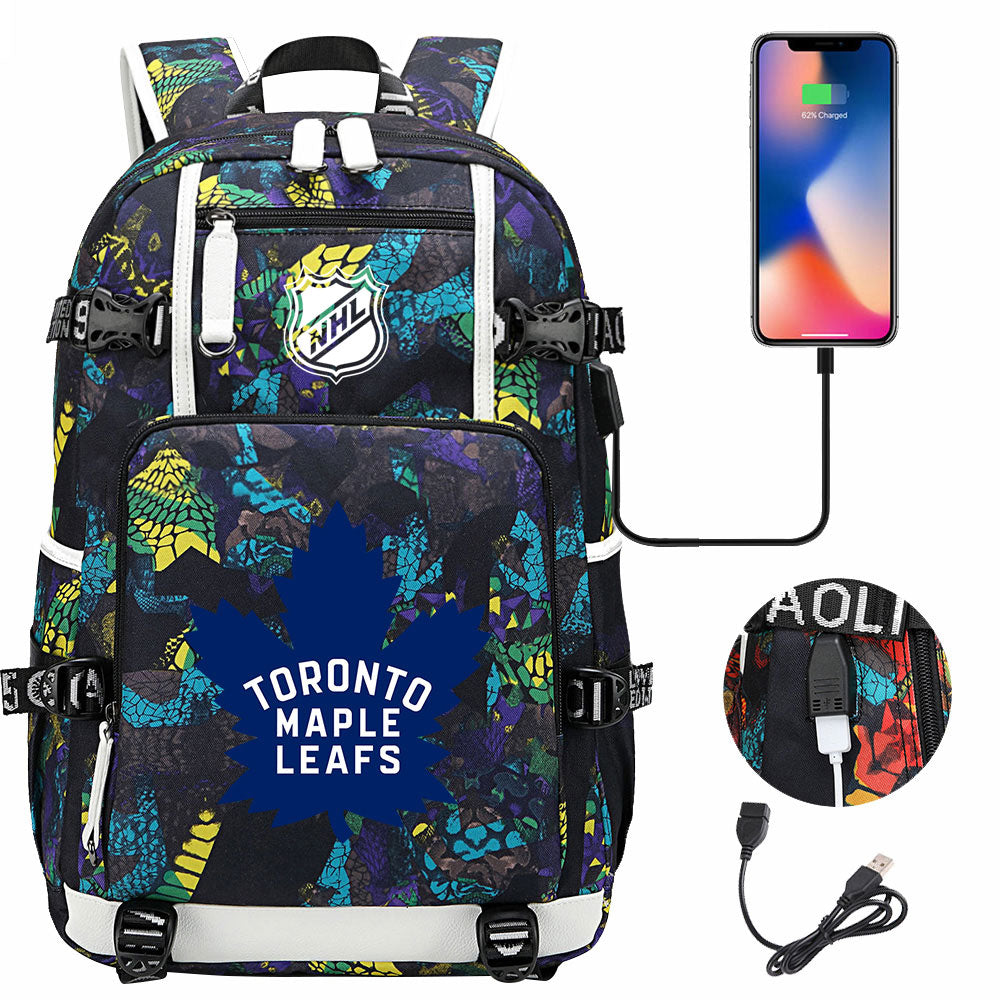 Toronto Maple Leafs Hockey League USB Charging Backpack School Notebook Travel Bags