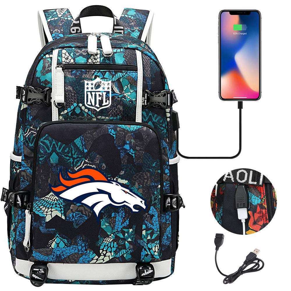 Denver Broncos Football Team USB Charging Backpack School Notebook Travel Bags