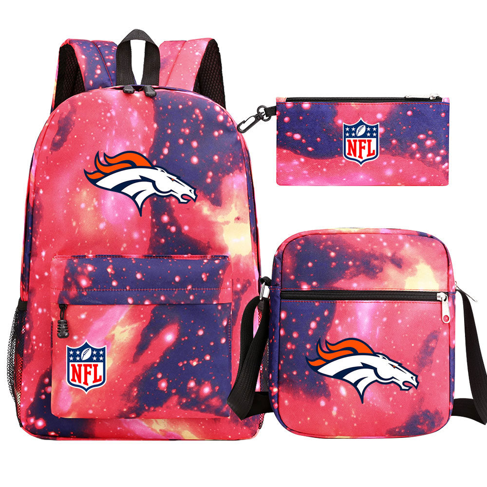 Denver Broncos Football Team Printed Schoolbag Backpack Shoulder Bag Pencil Bag 3pcs set for Kids Students