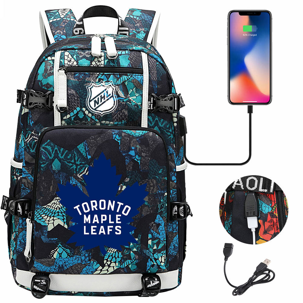 Toronto Maple Leafs Hockey League USB Charging Backpack School Notebook Travel Bags