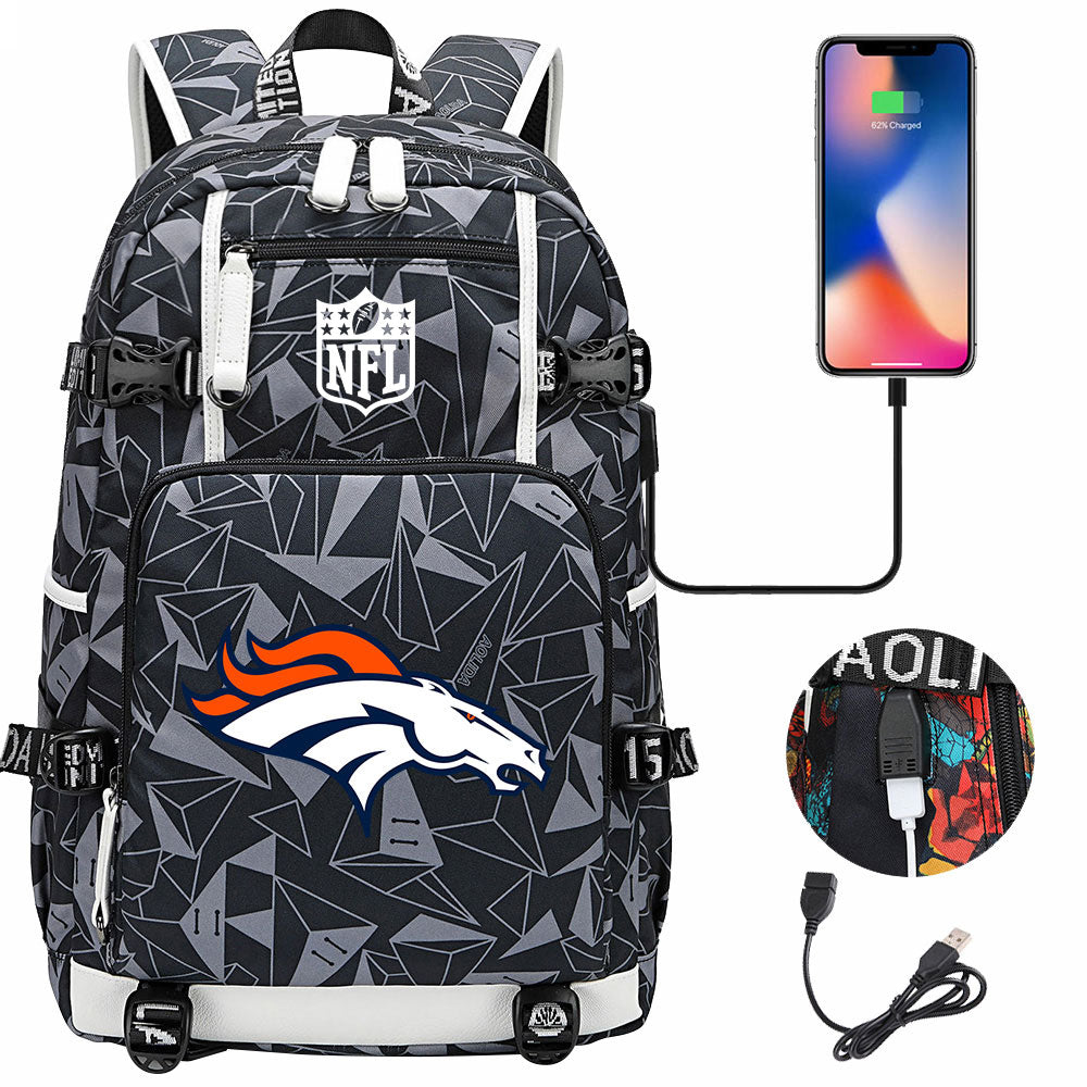 Denver Broncos Football Team USB Charging Backpack School Notebook Travel Bags