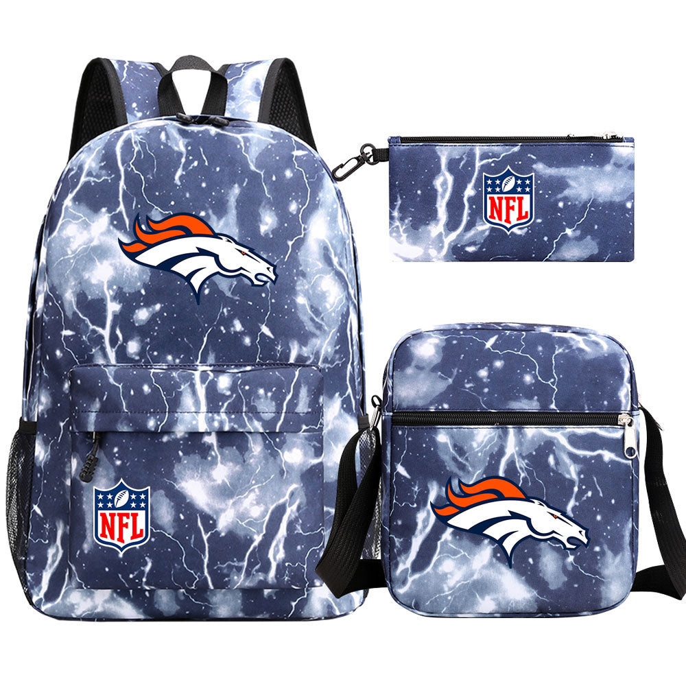 Denver Broncos Football Team Printed Schoolbag Backpack Shoulder Bag Pencil Bag 3pcs set for Kids Students