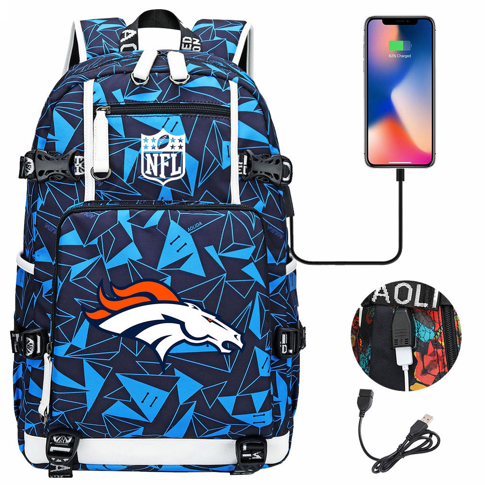 Denver Broncos Football Team USB Charging Backpack School Notebook Travel Bags