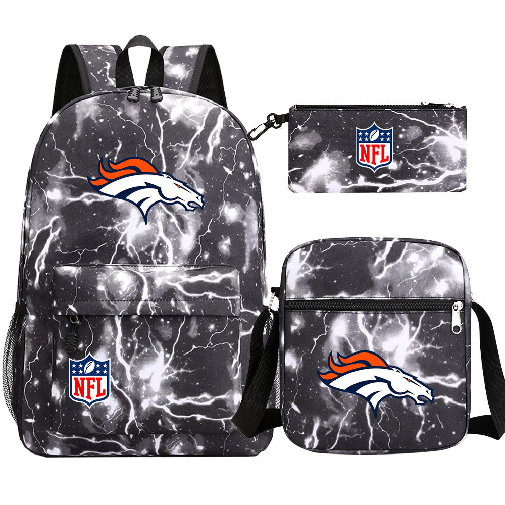 Denver Broncos Football Team Printed Schoolbag Backpack Shoulder Bag Pencil Bag 3pcs set for Kids Students