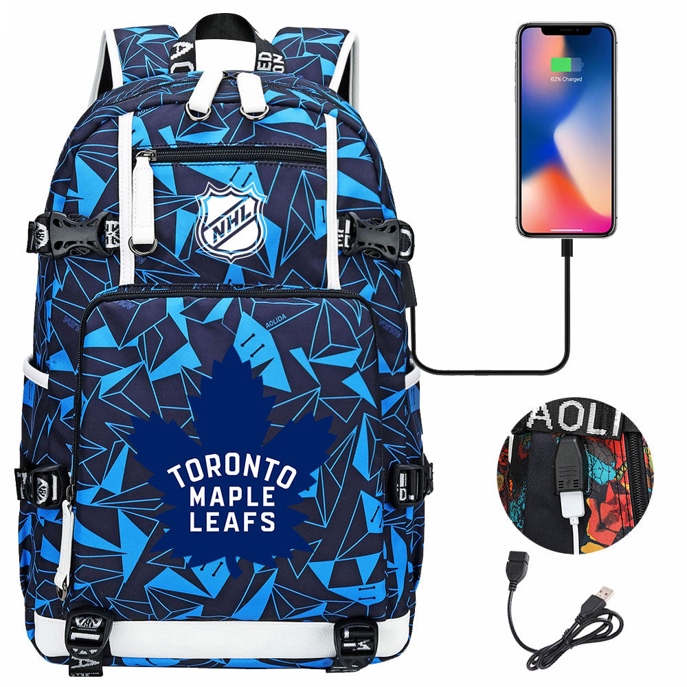 Toronto Maple Leafs Hockey League USB Charging Backpack School Notebook Travel Bags