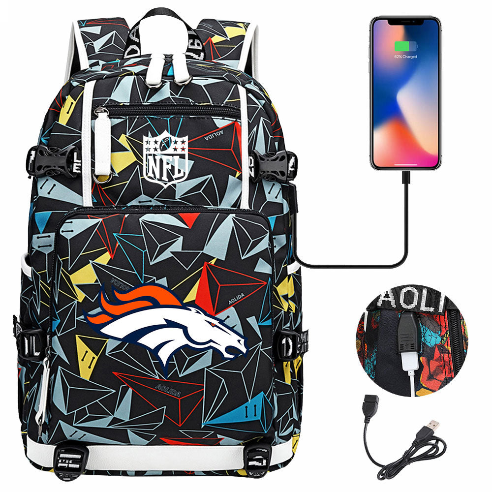 Denver Broncos Football Team USB Charging Backpack School Notebook Travel Bags