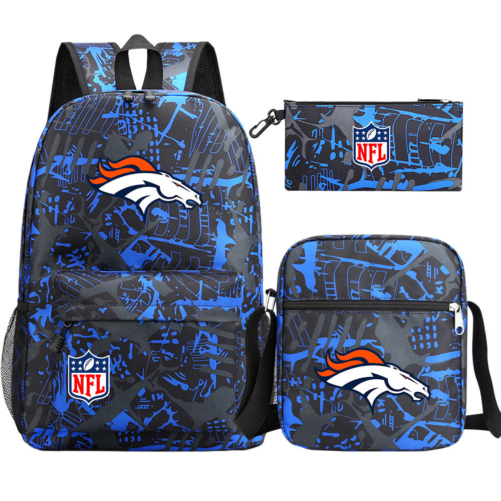 Denver Broncos Football Team Printed Schoolbag Backpack Shoulder Bag Pencil Bag 3pcs set for Kids Students