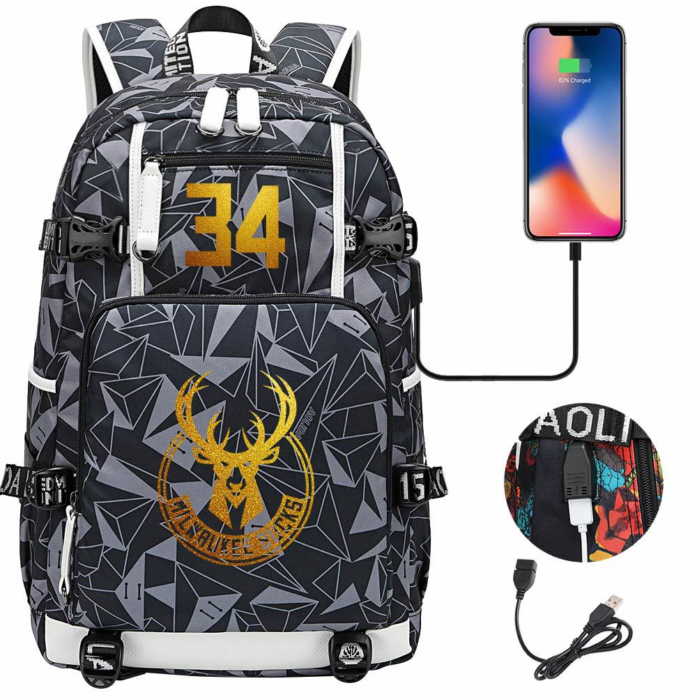 Milwaukee Basketball Bucks USB Charging Backpack School Notebook Travel Bags