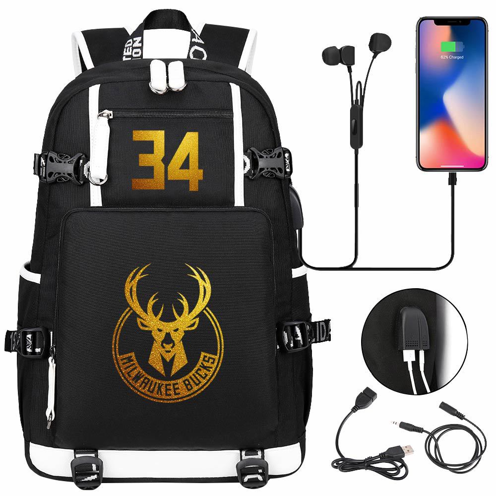 Milwaukee Basketball Bucks USB Charging Backpack School Notebook Travel Bags