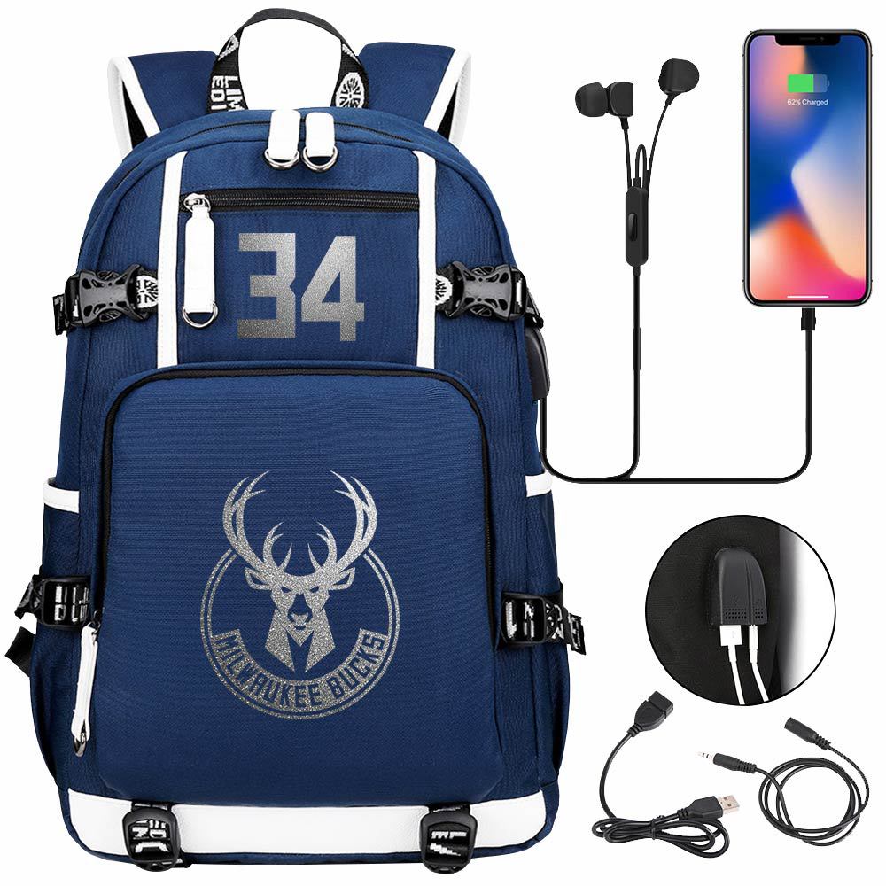 Milwaukee Basketball Bucks USB Charging Backpack School Notebook Travel Bags