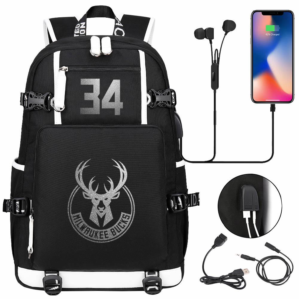 Milwaukee Basketball Bucks USB Charging Backpack School Notebook Travel Bags