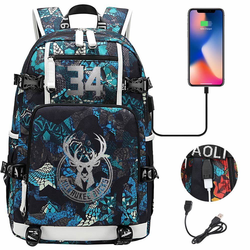 Milwaukee Basketball Bucks USB Charging Backpack School Notebook Travel Bags