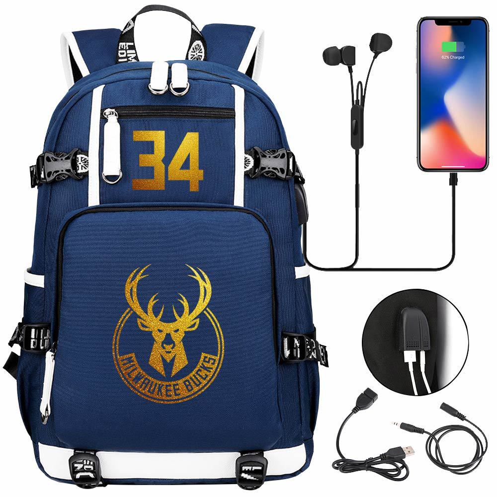 Milwaukee Basketball Bucks USB Charging Backpack School Notebook Travel Bags