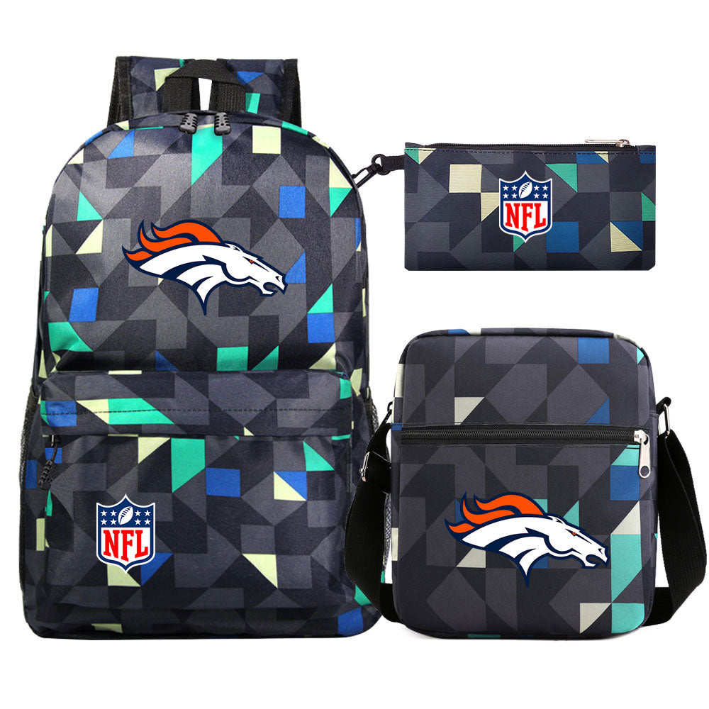 Denver Broncos Football Team Printed Schoolbag Backpack Shoulder Bag Pencil Bag 3pcs set for Kids Students