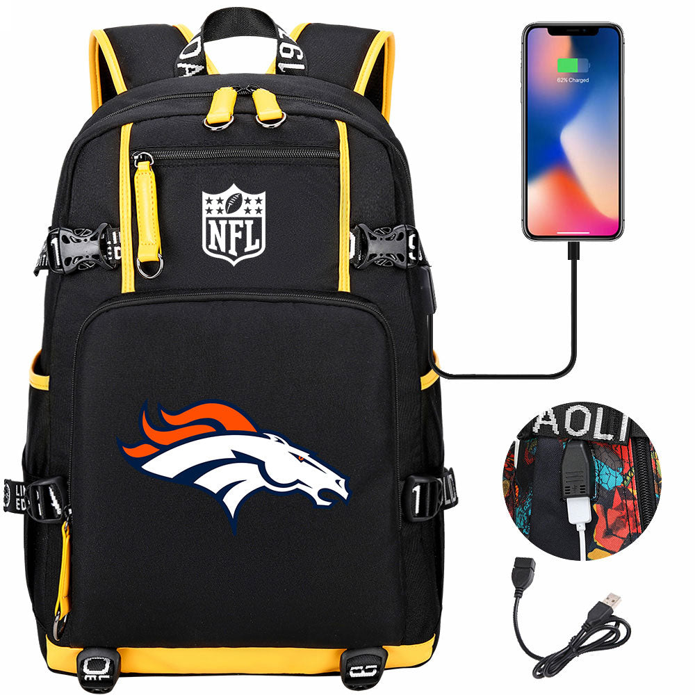 Denver Broncos Football Team USB Charging Backpack School Notebook Travel Bags