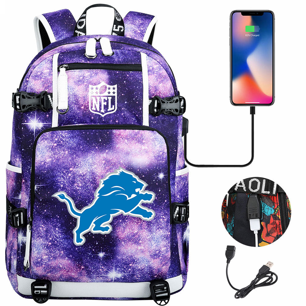 Detroit Lions Football Team USB Charging Backpack School Notebook Travel Bags