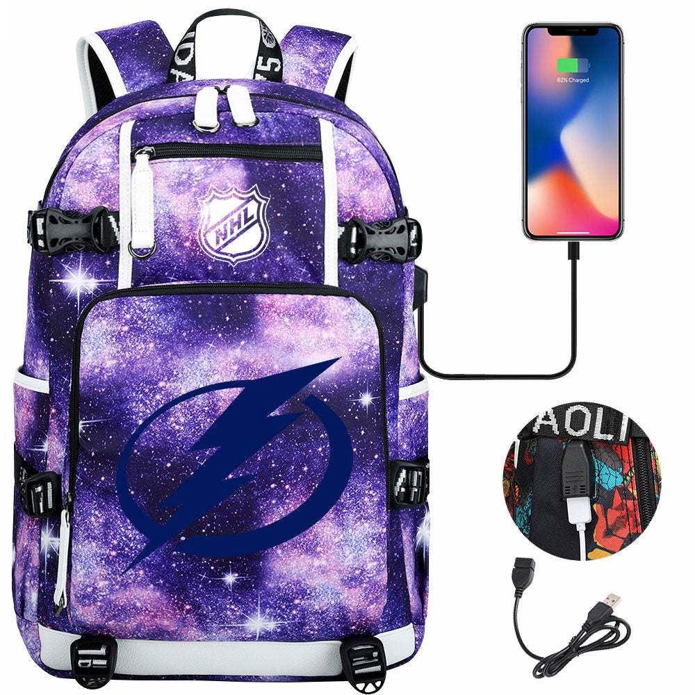 Tampa Bay Lightning Hockey League USB Charging Backpack School Notebook Travel Bags