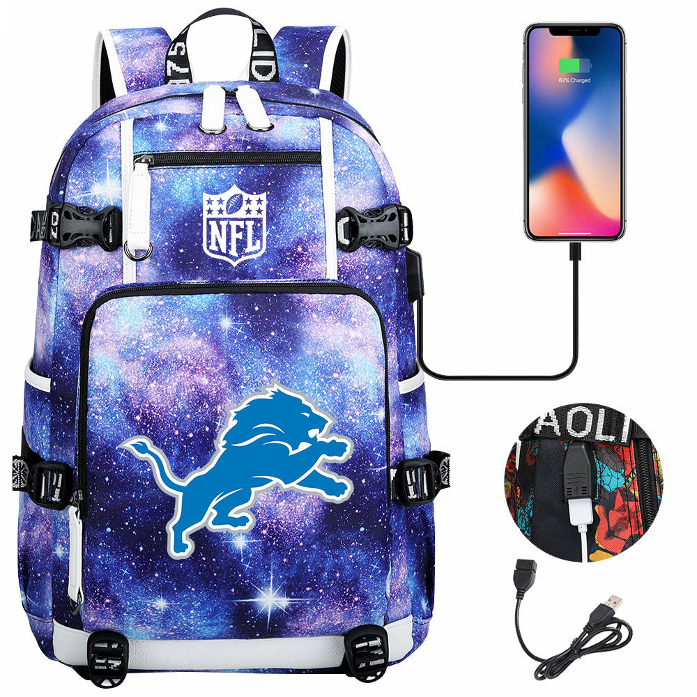 Detroit Lions Football Team USB Charging Backpack School Notebook Travel Bags