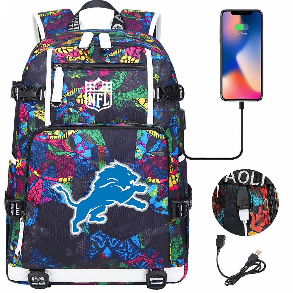 Detroit Lions Football Team USB Charging Backpack School Notebook Travel Bags