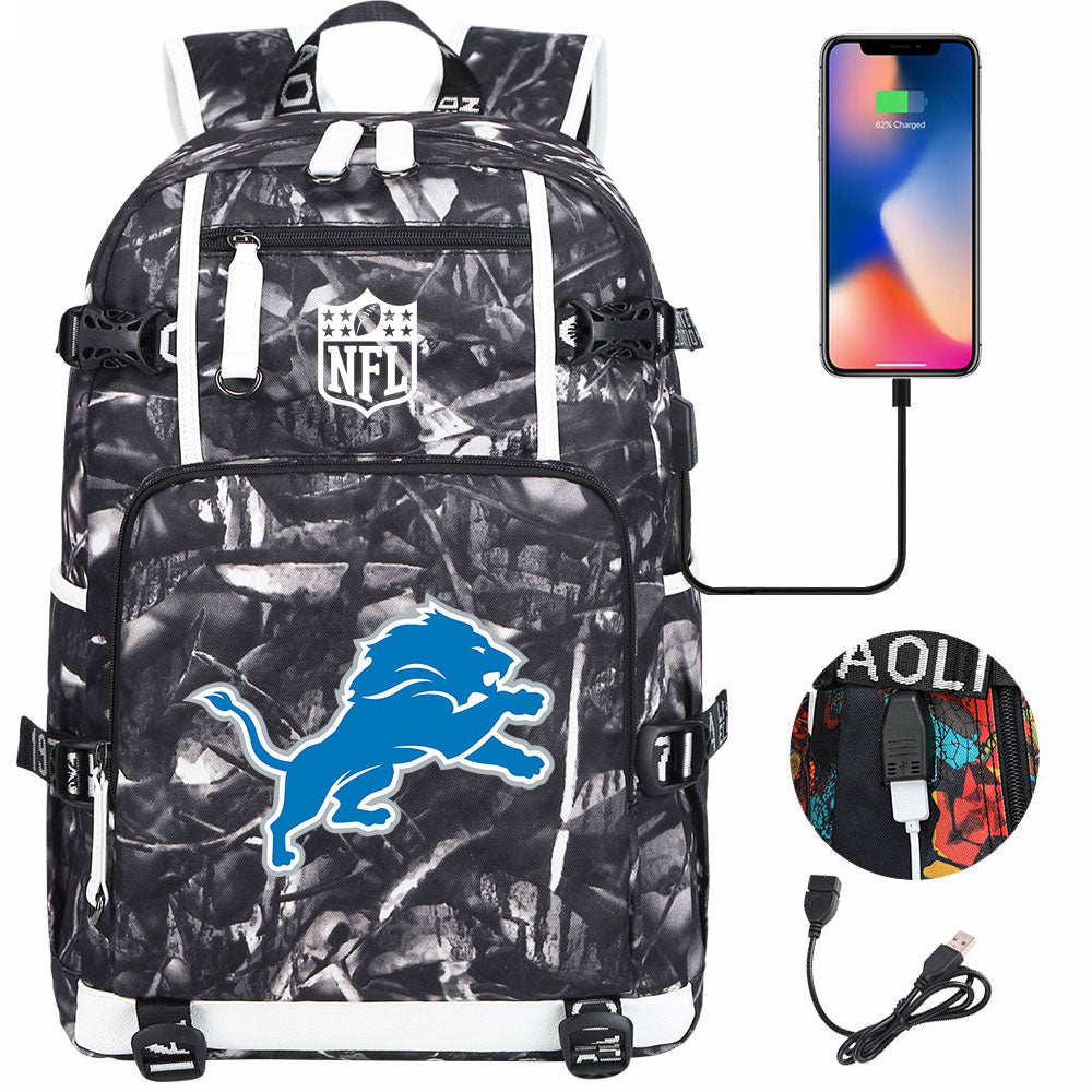 Detroit Lions Football Team USB Charging Backpack School Notebook Travel Bags