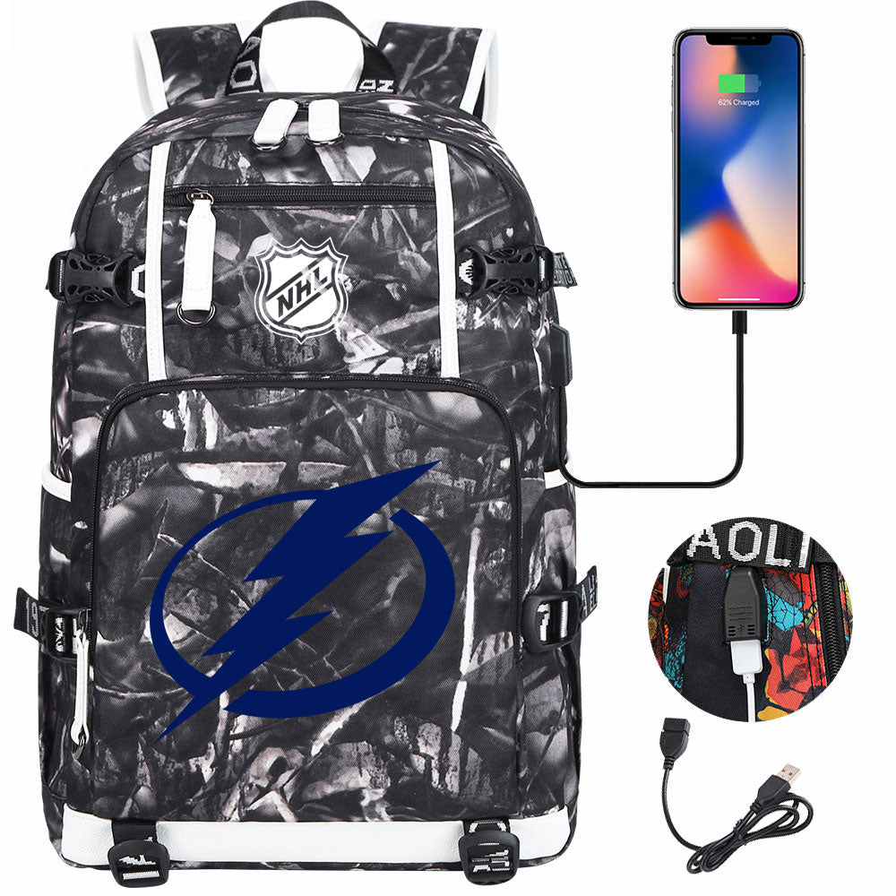 Tampa Bay Lightning Hockey League USB Charging Backpack School Notebook Travel Bags